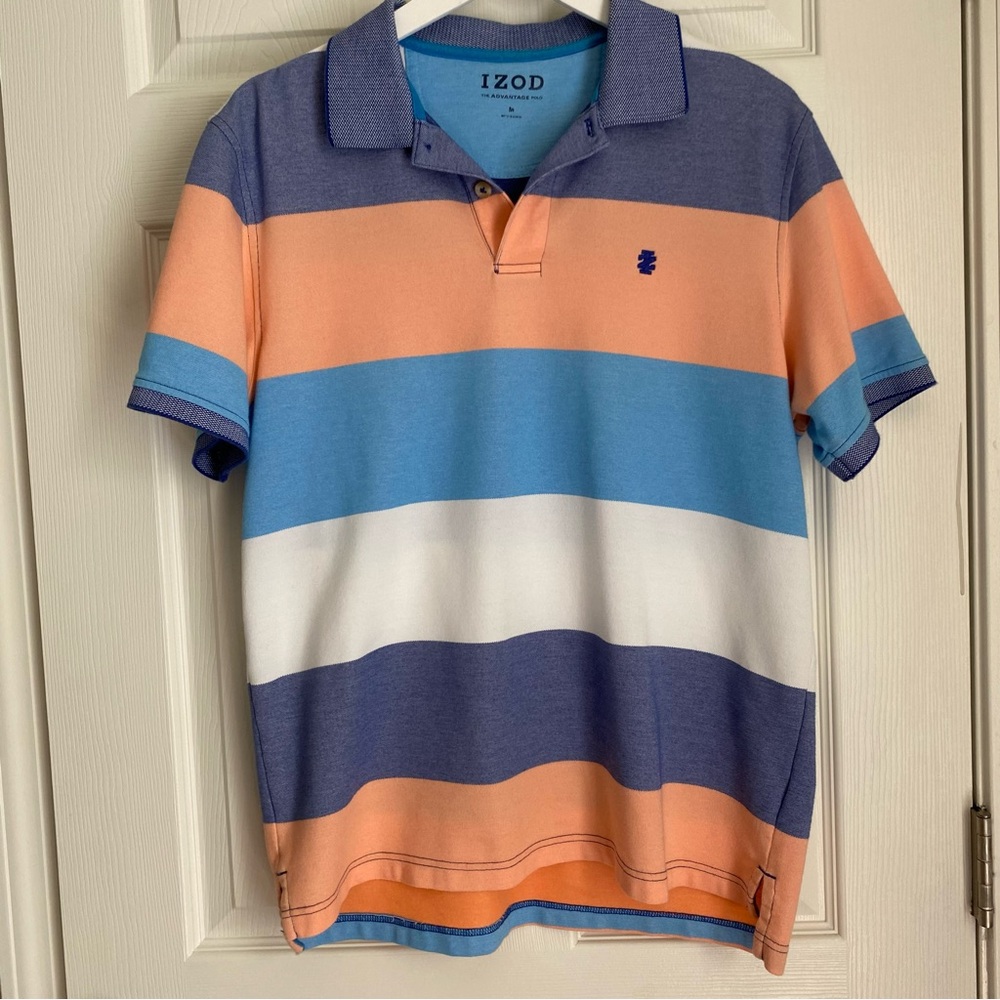 Men Izod The Advantage Short Sleeve Color Block Peach/Blue/White Polo Shirt Sz M